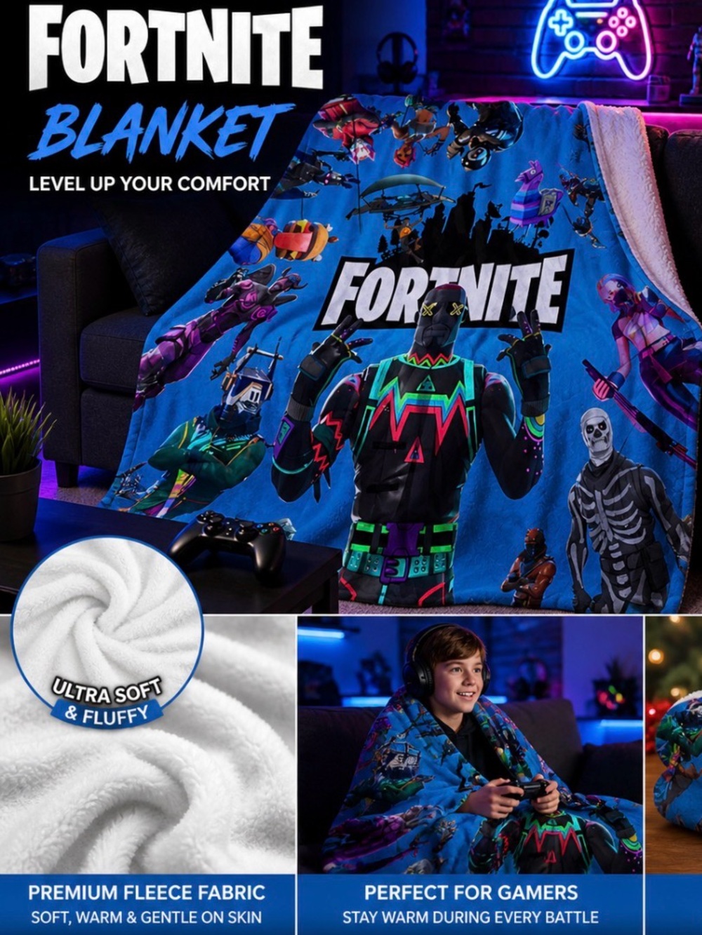 Fortnite Character Throw Blanket - Bright Blue Neon Design